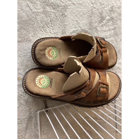 Earth Spirit Leather Buckle Slide Sandals Women Size 6 Brown Comfort Wedge - Picture 3 of 8